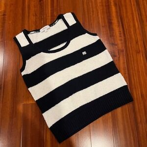 Rosaline Lee Sweater Vest Black White Stripe Sleeveless Knit Preppy College 38 S